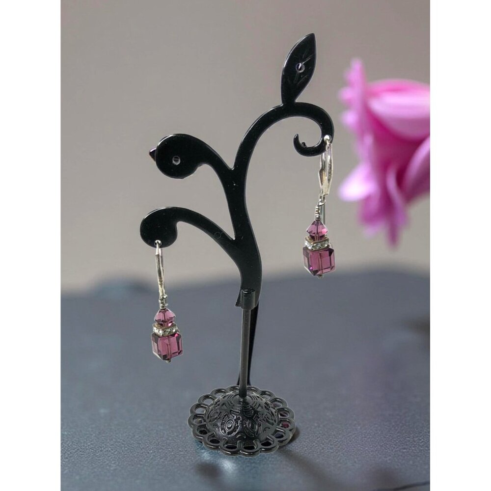 vintage .925 sterling silver purple cut crystal dangle leverback earrings